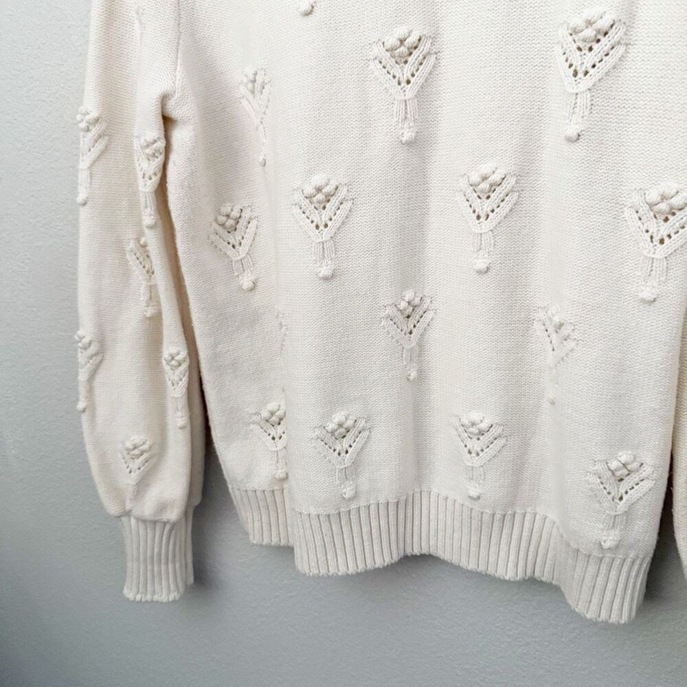 A.T. LOFT | Women's Bobble Pointelle Sweater Ivory Cream Blouson Sleeve | Large - Picture 9 of 10
